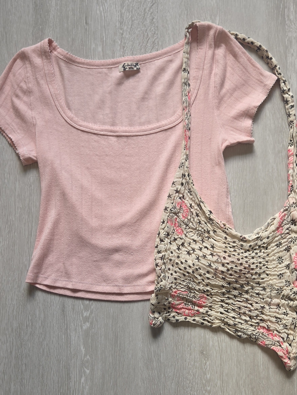 Intimately Free People Pink Ribbed Crop Top & Popcorn Floral Bag Set M